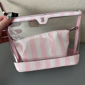 Victoria's Secret Pink & White Striped Clear Cosmetic Pouch Set